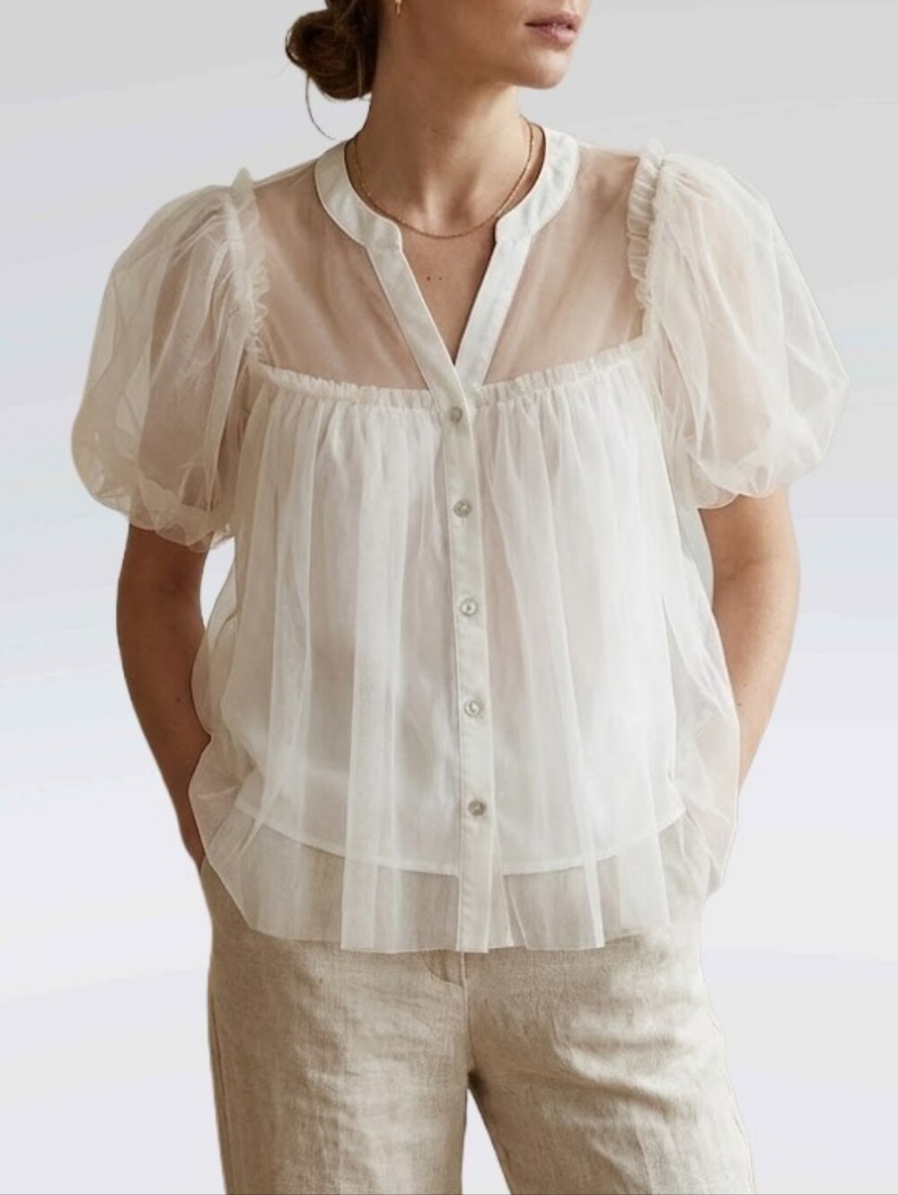 Anthropologie Sunday In Brooklyn Sheer Tulle Puff Sleeve Blouse Babydoll Top